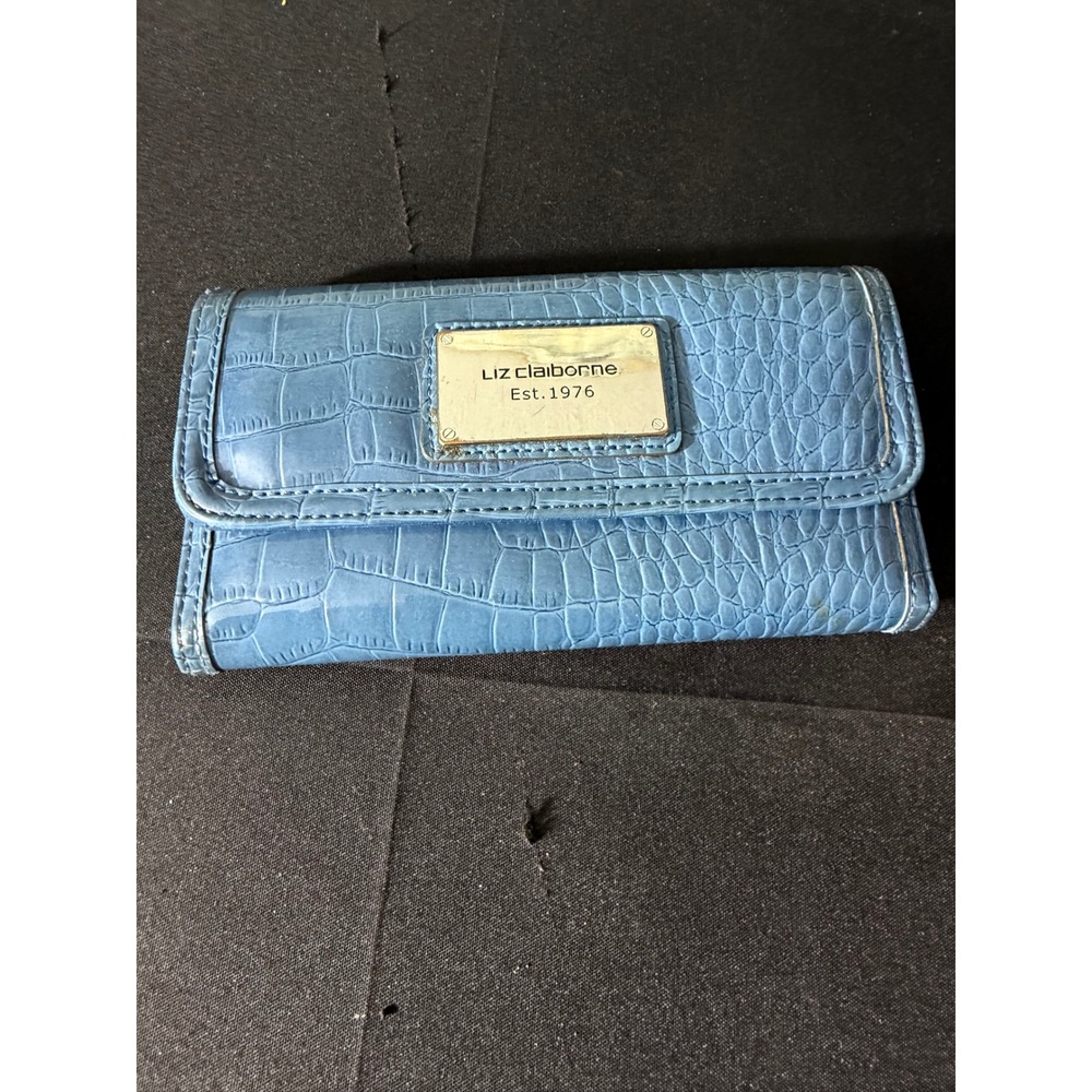 Liz Claiborne Wallet OS Blue Good‎ Croc Embossed Tri-fold Long Clutch Organizer